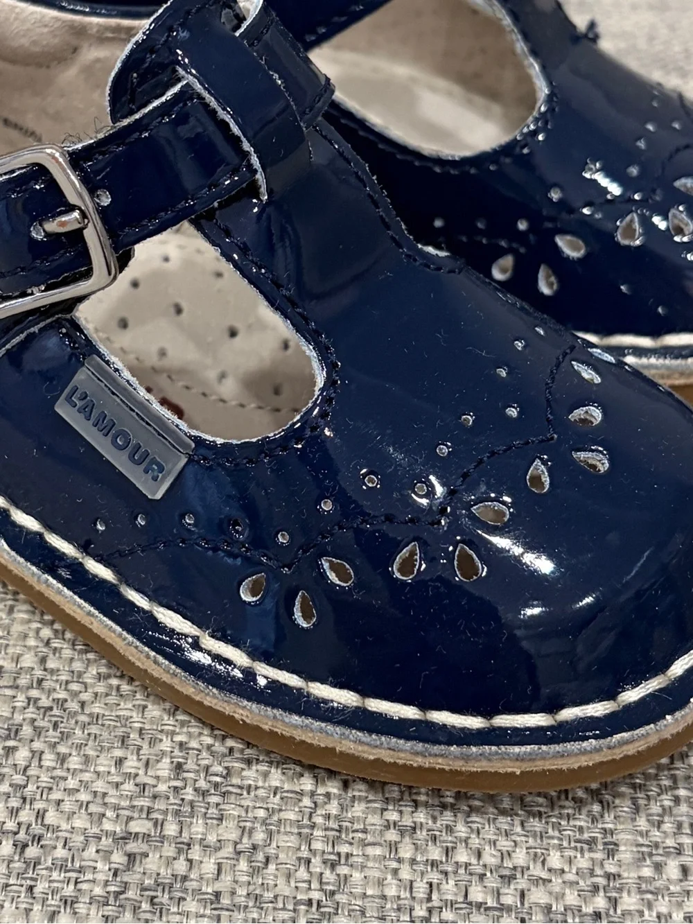 L'Amour Navy Patent T-Strap Mary Jane Shoes for Kids